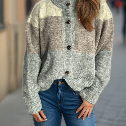Women's Autumn Casual Striped Crew Neck Sweater Loose Long Sleeve Cardigan