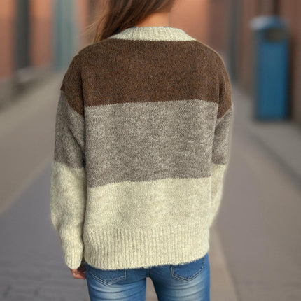 Women's Autumn Casual Striped Crew Neck Sweater Loose Long Sleeve Cardigan