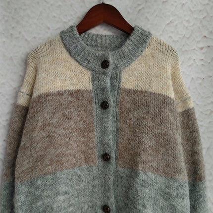 Women's Autumn Casual Striped Crew Neck Sweater Loose Long Sleeve Cardigan