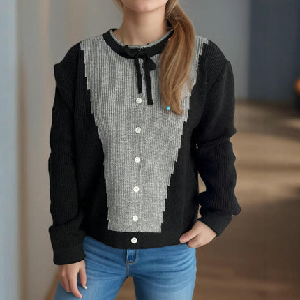 Women's Sweater Round Neck Colorblock Button Tie Bowknot Long Sleeve Knit Cardigan