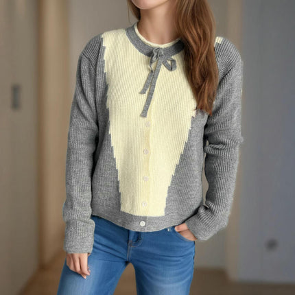 Women's Sweater Round Neck Colorblock Button Tie Bowknot Long Sleeve Knit Cardigan