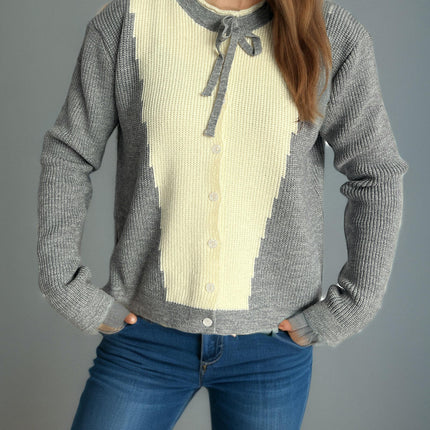 Women's Sweater Round Neck Colorblock Button Tie Bowknot Long Sleeve Knit Cardigan