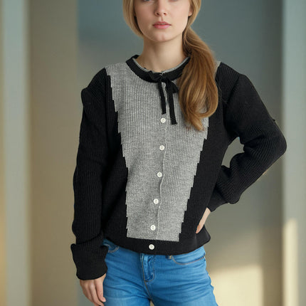 Women's Sweater Round Neck Colorblock Button Tie Bowknot Long Sleeve Knit Cardigan