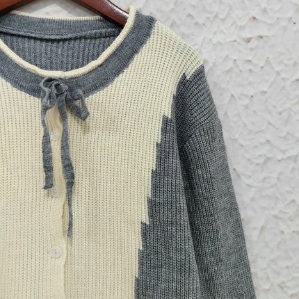 Women's Sweater Round Neck Colorblock Button Tie Bowknot Long Sleeve Knit Cardigan