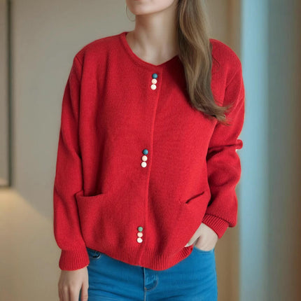 Fashion Round Neck Button Sweater Women Autumn Loose Long Sleeve Knitted Cardigan Coat