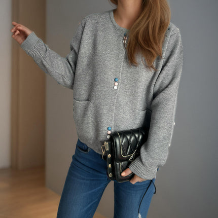 Fashion Round Neck Button Sweater Women Autumn Loose Long Sleeve Knitted Cardigan Coat