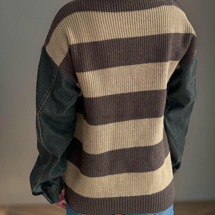 Women's Denim Sleeves Striped Casual Sweater Round Neck Loose Knit Tops