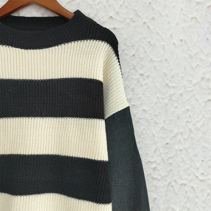 Women's Denim Sleeves Striped Casual Sweater Round Neck Loose Knit Tops