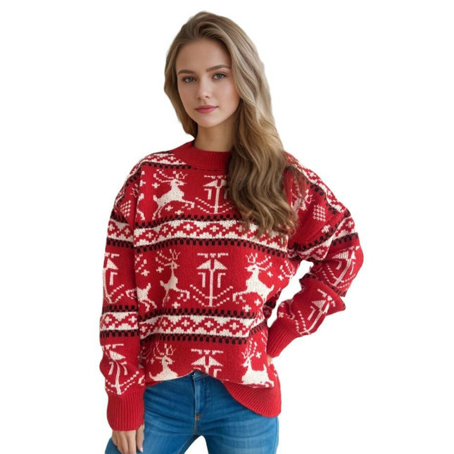 Christmas Sweater Round Neck Splicing Elk Pattern Knitted Pullover Top Women