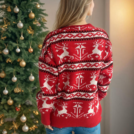 Christmas Sweater Round Neck Splicing Elk Pattern Knitted Pullover Top Women
