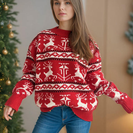 Christmas Sweater Round Neck Splicing Elk Pattern Knitted Pullover Top Women