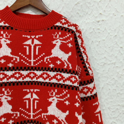 Christmas Sweater Round Neck Splicing Elk Pattern Knitted Pullover Top Women