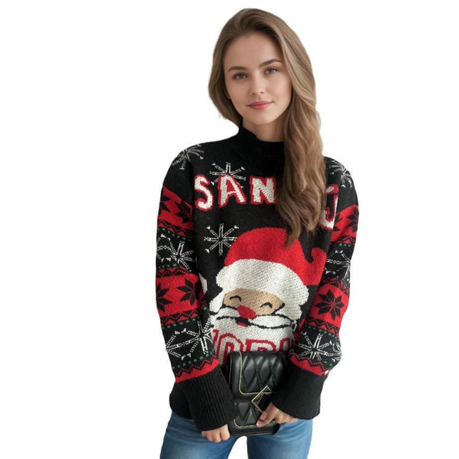 Christmas Contrast Color Knitted Sweater - Round Neck Cartoon Santa Claus Casual Pullover