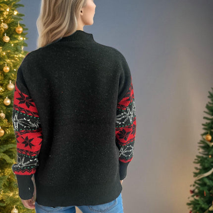 Christmas Contrast Color Knitted Sweater - Round Neck Cartoon Santa Claus Casual Pullover