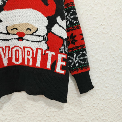 Christmas Contrast Color Knitted Sweater - Round Neck Cartoon Santa Claus Casual Pullover