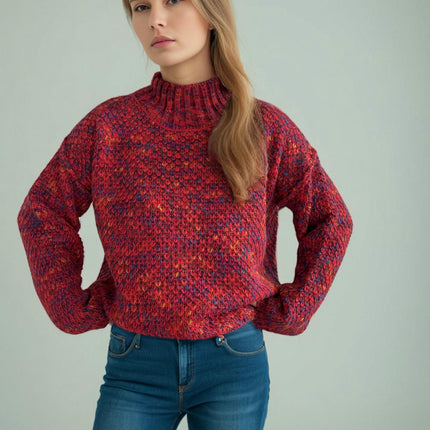 Women's Winter Knitted Sweater Half Turtleneck Casual Contrast Thickened Sweater