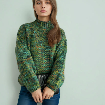 Women's Winter Knitted Sweater Half Turtleneck Casual Contrast Thickened Sweater