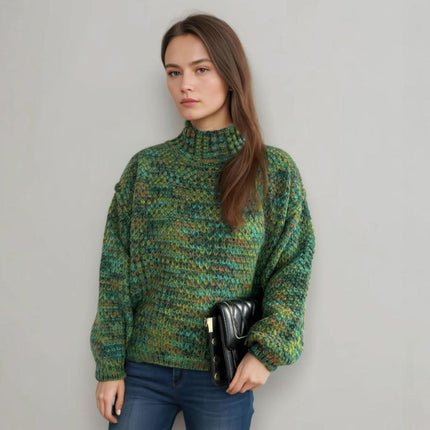 Women's Winter Knitted Sweater Half Turtleneck Casual Contrast Thickened Sweater
