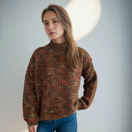 Women's Winter Knitted Sweater Half Turtleneck Casual Contrast Thickened Sweater