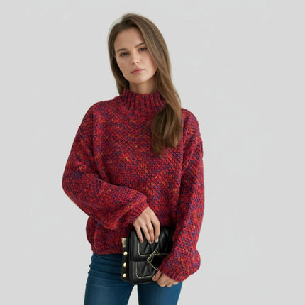 Women's Winter Knitted Sweater Half Turtleneck Casual Contrast Thickened Sweater