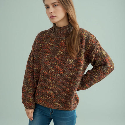 Women's Winter Knitted Sweater Half Turtleneck Casual Contrast Thickened Sweater
