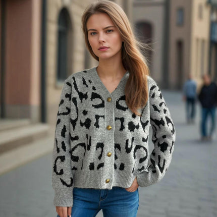 Autumn Retro Loose Sweater Women's V-neck Contrast Leopard Print Knitted Cardigan Jacket
