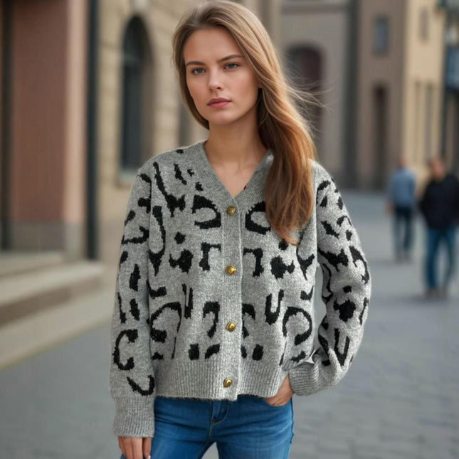 Autumn Retro Loose Sweater Women's V-neck Contrast Leopard Print Knitted Cardigan Jacket
