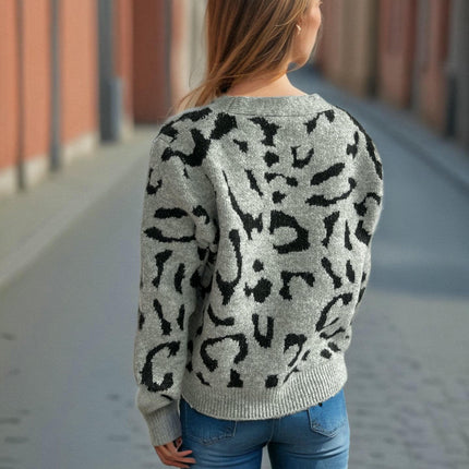 Autumn Retro Loose Sweater Women's V-neck Contrast Leopard Print Knitted Cardigan Jacket