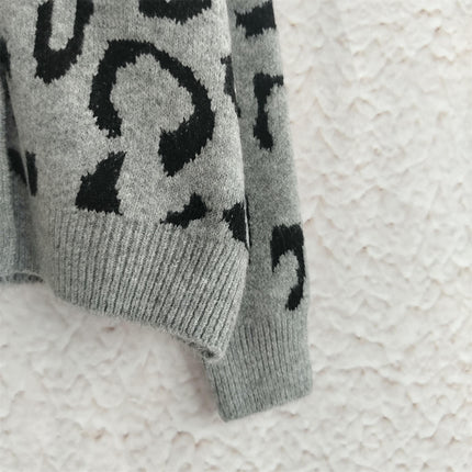Autumn Retro Loose Sweater Women's V-neck Contrast Leopard Print Knitted Cardigan Jacket