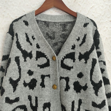 Autumn Retro Loose Sweater Women's V-neck Contrast Leopard Print Knitted Cardigan Jacket