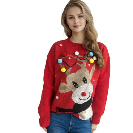 Christmas Ball Elk Jacquard Knitted Sweater Round Neck Casual Cartoon Pullover