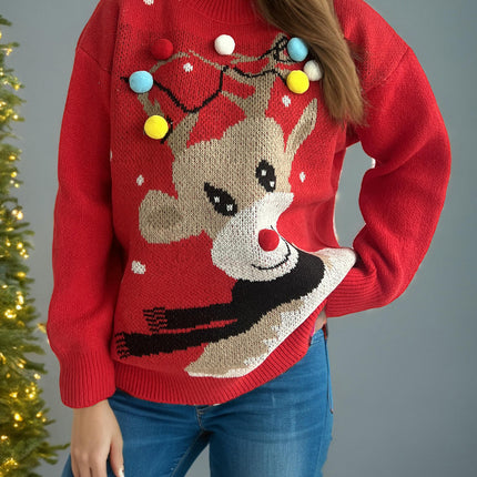 Christmas Ball Elk Jacquard Knitted Sweater Round Neck Casual Cartoon Pullover