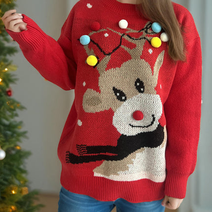 Christmas Ball Elk Jacquard Knitted Sweater Round Neck Casual Cartoon Pullover