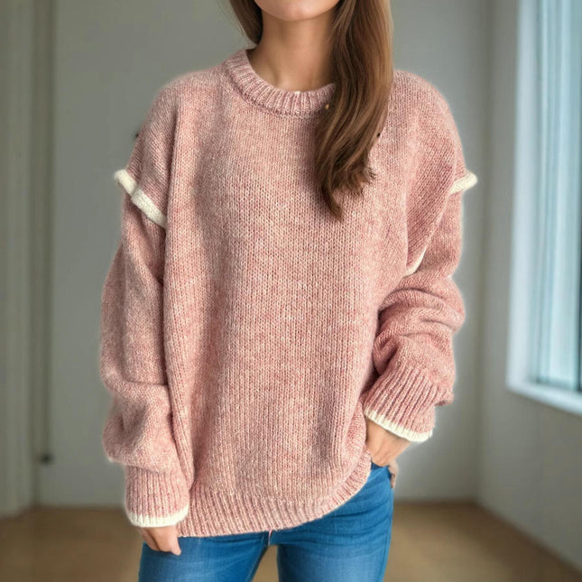 Women's Knitted Sweater Stitching Pullover Round Neck Thick Loose Sweater