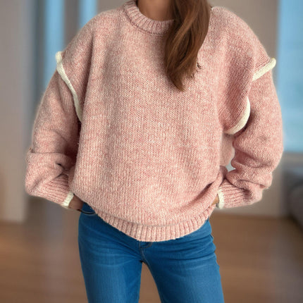 Women's Knitted Sweater Stitching Pullover Round Neck Thick Loose Sweater