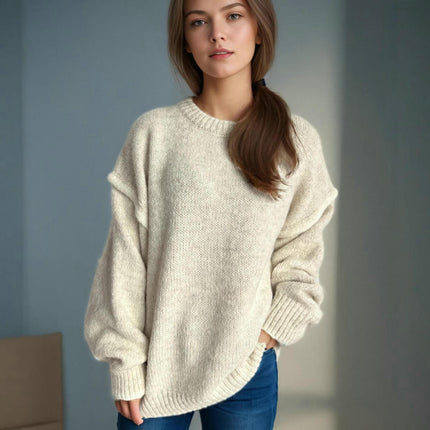 Women's Knitted Sweater Stitching Pullover Round Neck Thick Loose Sweater