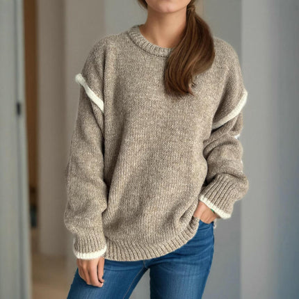 Women's Knitted Sweater Stitching Pullover Round Neck Thick Loose Sweater