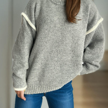 Women's Knitted Sweater Stitching Pullover Round Neck Thick Loose Sweater