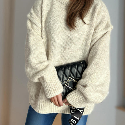 Women's Knitted Sweater Stitching Pullover Round Neck Thick Loose Sweater