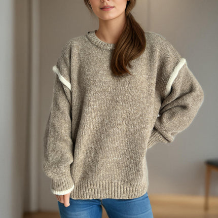 Women's Knitted Sweater Stitching Pullover Round Neck Thick Loose Sweater