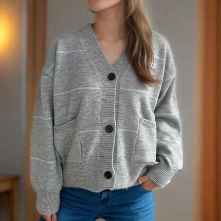 Women's Striped Stitching Sweater Casual Loose Button Pocket Cardigan Jacket