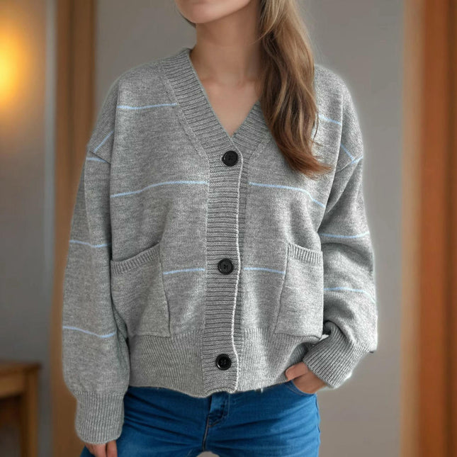 Women's Striped Stitching Sweater Casual Loose Button Pocket Cardigan Jacket