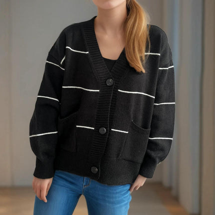 Women's Striped Stitching Sweater Casual Loose Button Pocket Cardigan Jacket
