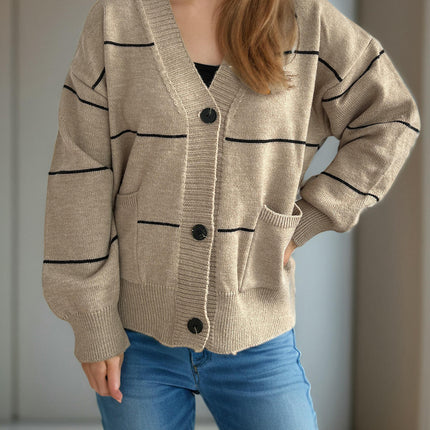 Women's Striped Stitching Sweater Casual Loose Button Pocket Cardigan Jacket