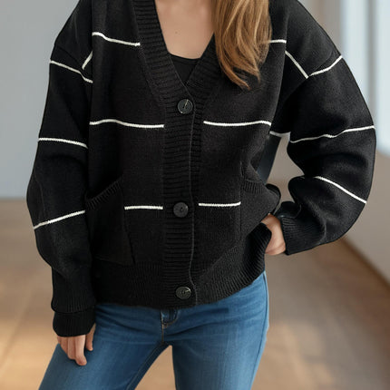 Women's Striped Stitching Sweater Casual Loose Button Pocket Cardigan Jacket