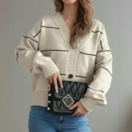 Women's Striped Stitching Sweater Casual Loose Button Pocket Cardigan Jacket