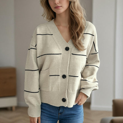Women's Striped Stitching Sweater Casual Loose Button Pocket Cardigan Jacket