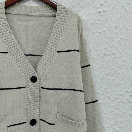 Women's Striped Stitching Sweater Casual Loose Button Pocket Cardigan Jacket