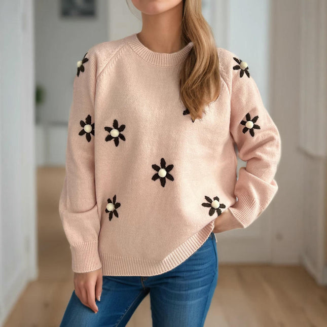 Round Neck Embroidered Flower Knitted Sweater Women's Long Sleeve Casual Retro Pullover
