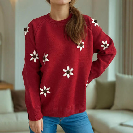 Round Neck Embroidered Flower Knitted Sweater Women's Long Sleeve Casual Retro Pullover